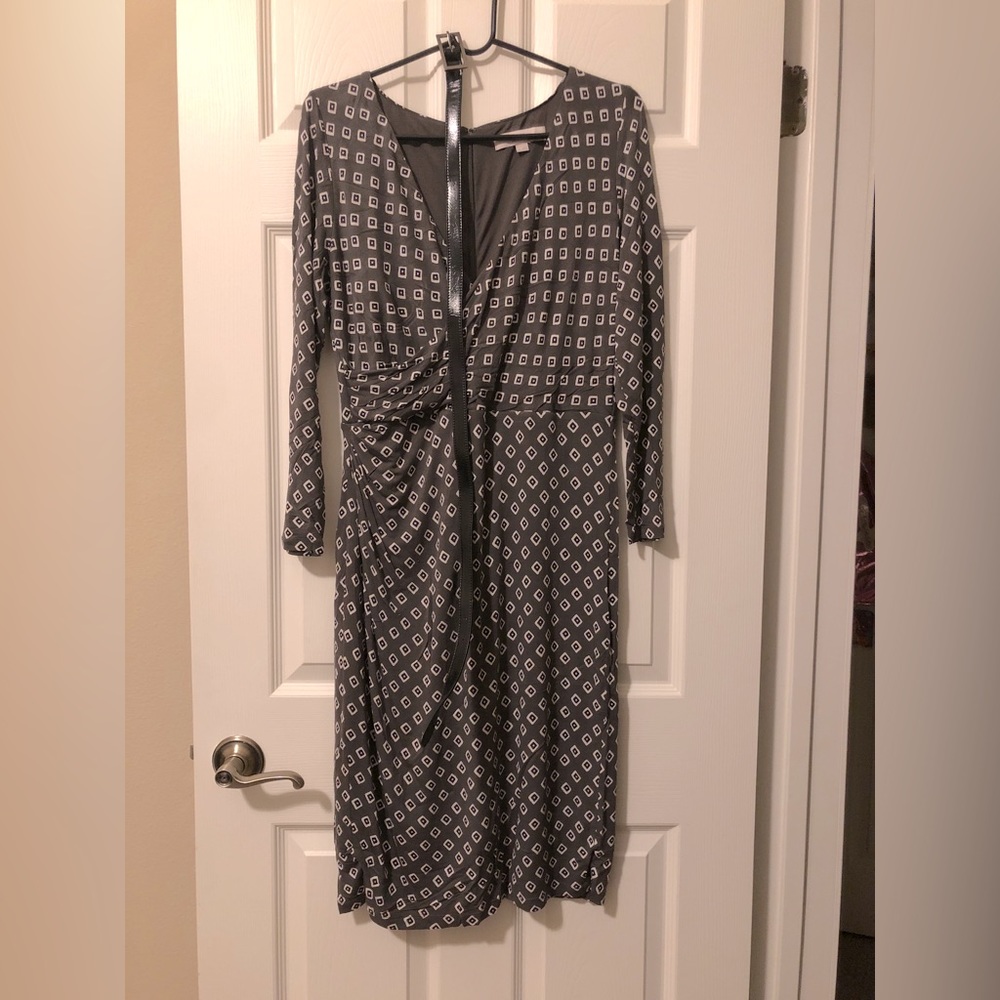Olive Green Summer Knit Tribal Zip Up V-Neck Dress by LOFT with Belt Women’s M